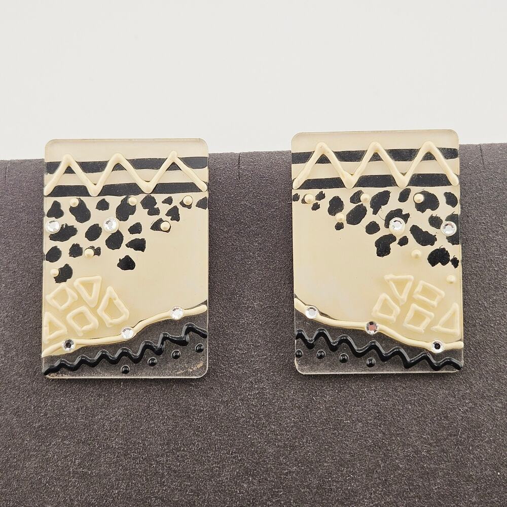 Oversized Square Post Earrings Cream Black Eclectic Boho Funky 80s Style Bold